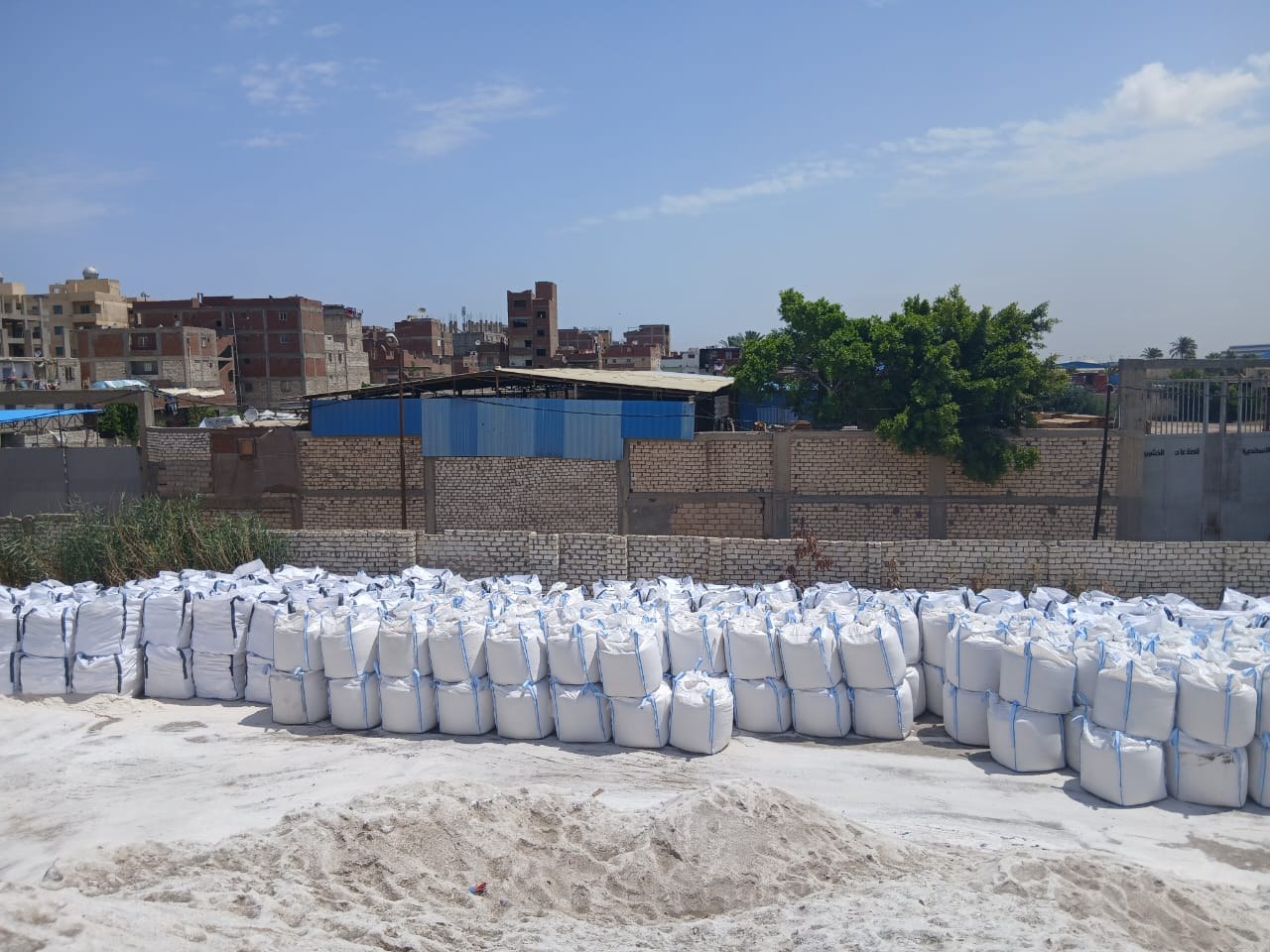 Packaged salt staged in yard